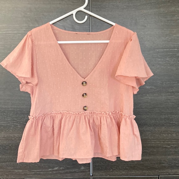 Dusty Peach Cotton V Neck Blouse w Flutter Sleeves Large - Picture 2 of 10